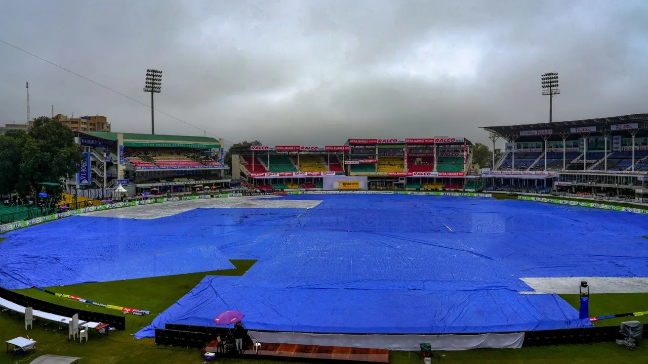 Covers placed on the ground following rains, during the second day of the 2nd Test cricket match between India and Bangladesh, at the Green Park Stadium, Kanpur, Saturday, Sep. 28, 2024.