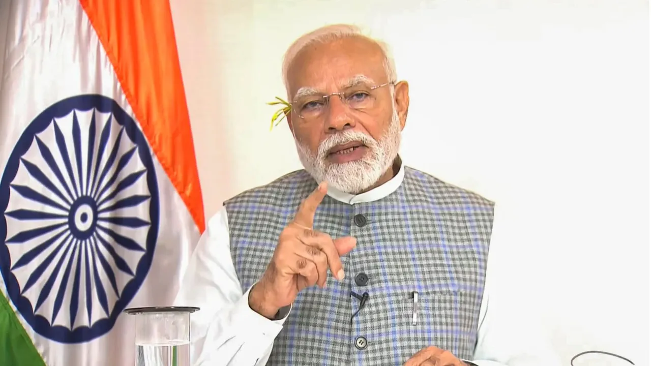 Prime Minister Narendra Modi during virtual inauguration and foundation stone laying of development works, in Jharkhand, Sunday, Sept. 15, 2024.