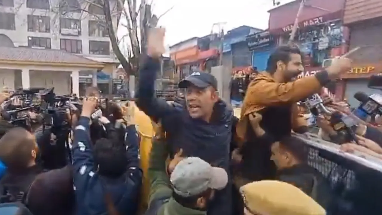 Aam Aadmi Party (AAP) workers protest in Srinagar against the arrest of Delhi CM Arvind Kejriwal by ED