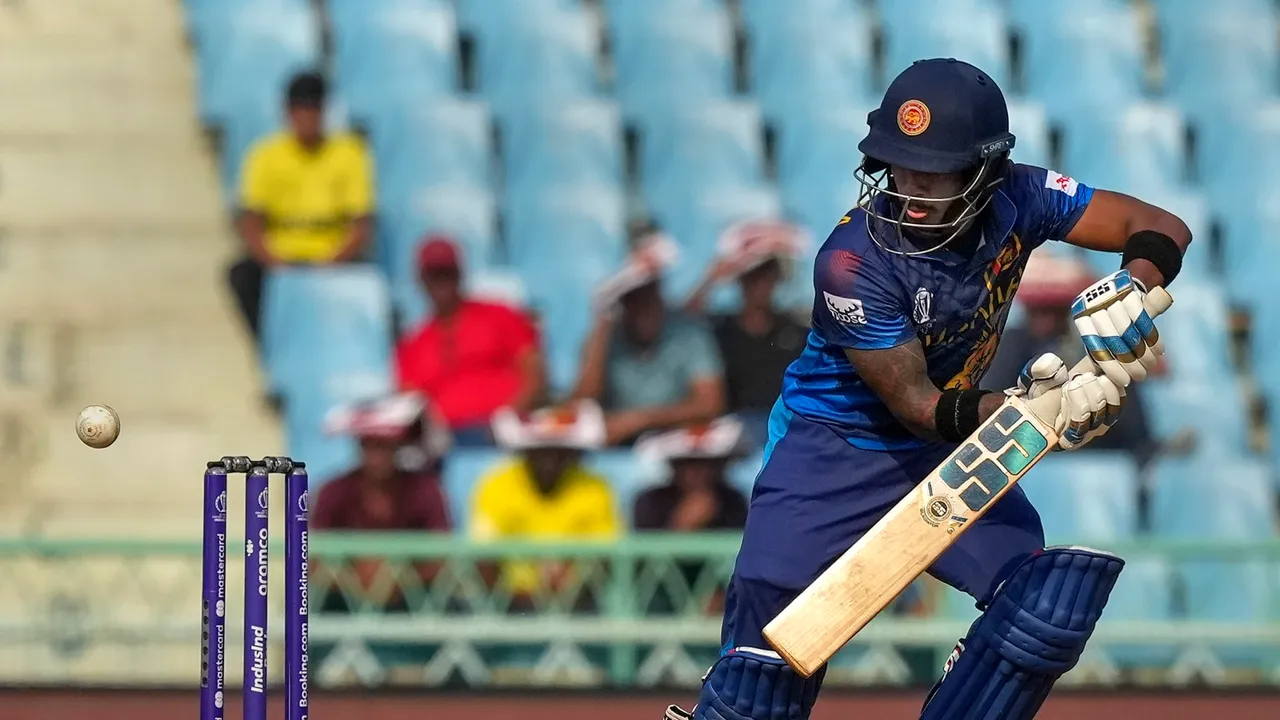 Sri Lanka's batter Pathum Nissanka plays a shot during the ICC Men's Cricket World Cup 2023 match between Sri Lanka and Australia