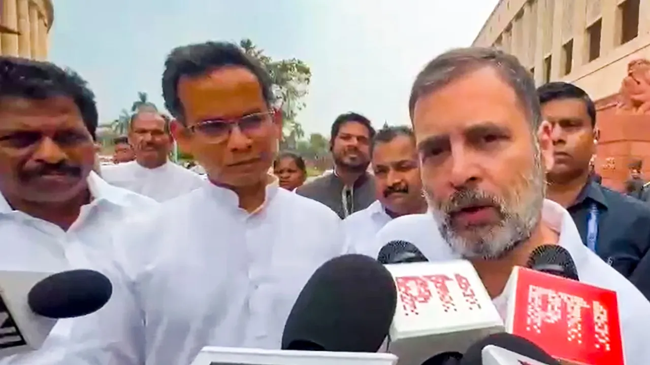 Leader of Opposition in Lok Sabha and Congress MP Rahul Gandhi speaks to the media during the first day of the Parliament session, in New Delhi, Monday, July 22, 2024.