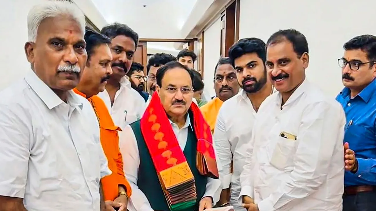 Union Minister and BJP National President JP Nadda being felicitated during a meeting with Puducherry BJP MLAs, in New Delhi, Wednesday, July 3, 2024.