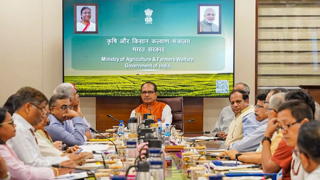 Union Minister of Agriculture, Farmers Welfare and Rural Development Shivraj Singh Chouhan holds a meeting regarding the 100-day action plan of the Ministry of Agriculture and Farmers Welfare, at Krishi Bhavan, in New Delhi.