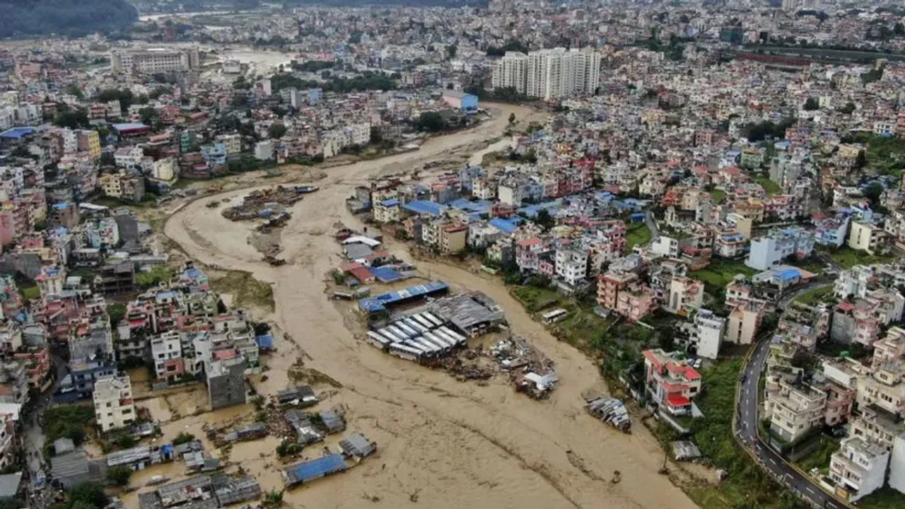 In this aerial image of the Kathmandu valley, Bagmati River is seen in flood due to heavy rains in Kathmandu, Nepal