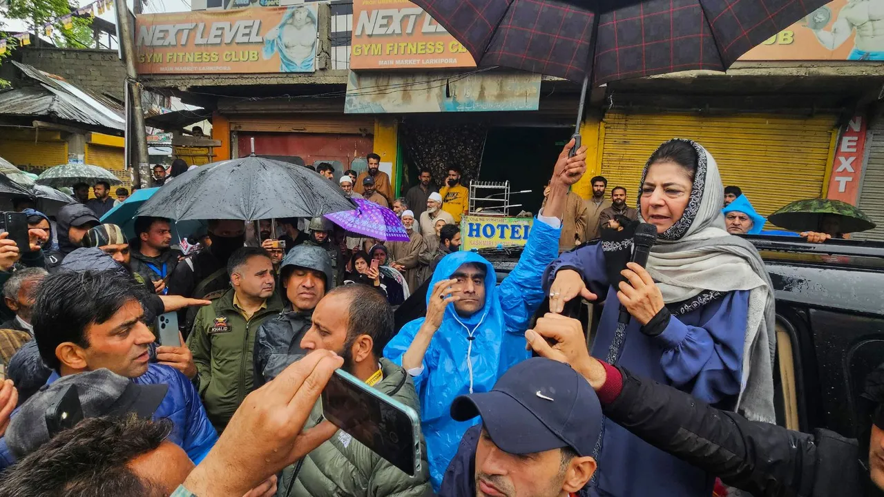 PDP President Mehbooba Mufti during an election rally for Lok Sabha polls, in Anantnag, Monday, April 29, 2024