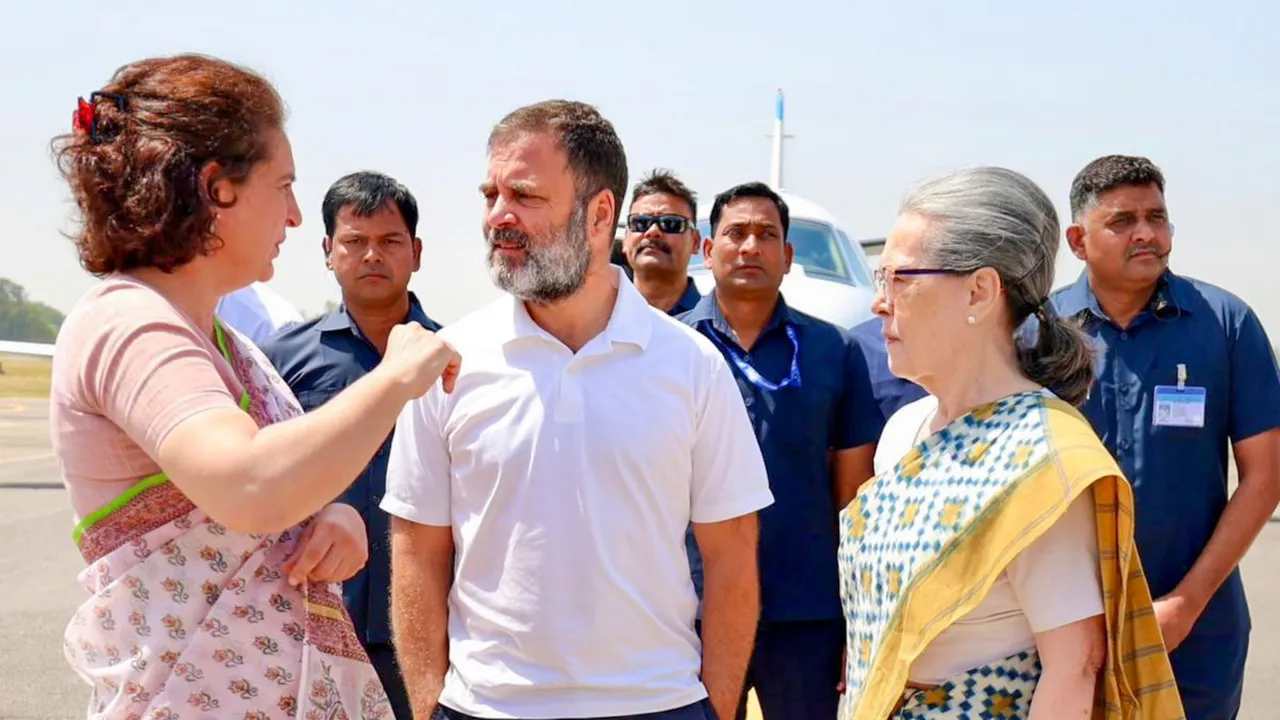 Congress leaders Rahul Gandhi, Sonia Gandhi and Priyanka Gandhi Vadra upon their arrival before the nomination filing of Rahul ahead of the third phase of the Lok Sabha elections, in Rae Bareli