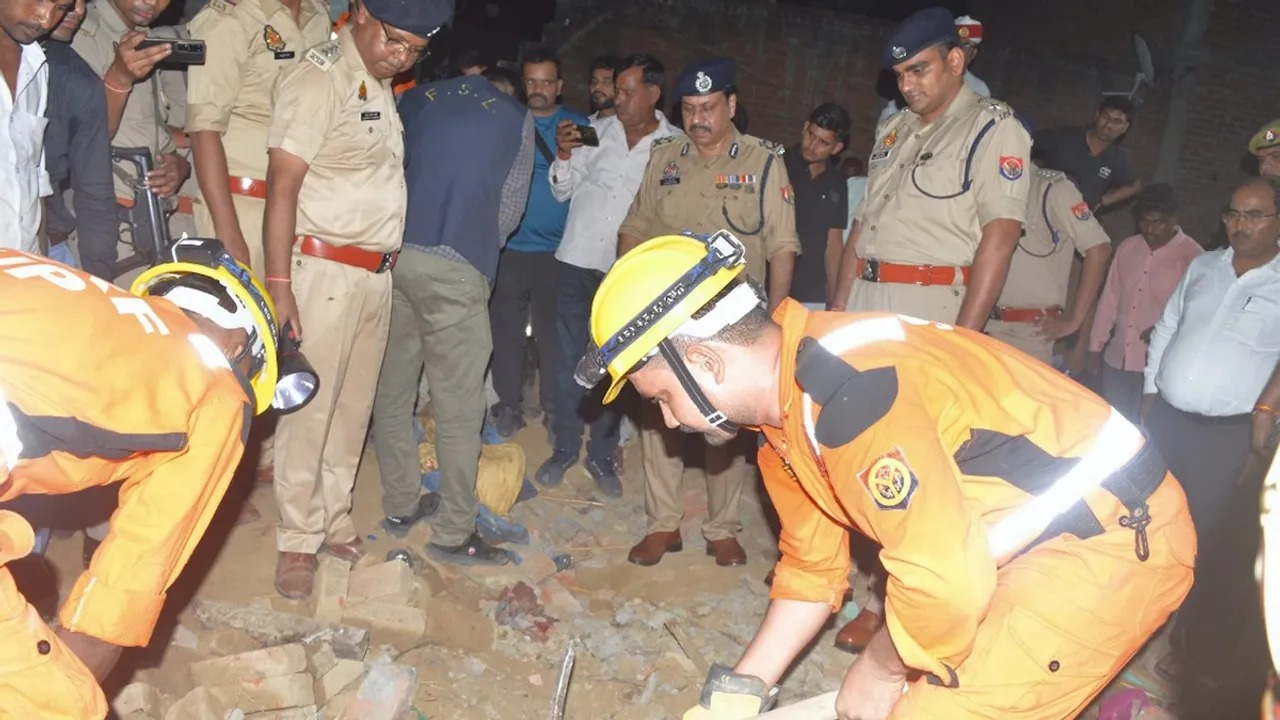 Rescue operation underway after a blast at a firecracker factory which also caused damage to some adjoining buildings in a village, at the Sirauli police station area in Bareilly, UP, Wednesday, Oct 2, 2024. 