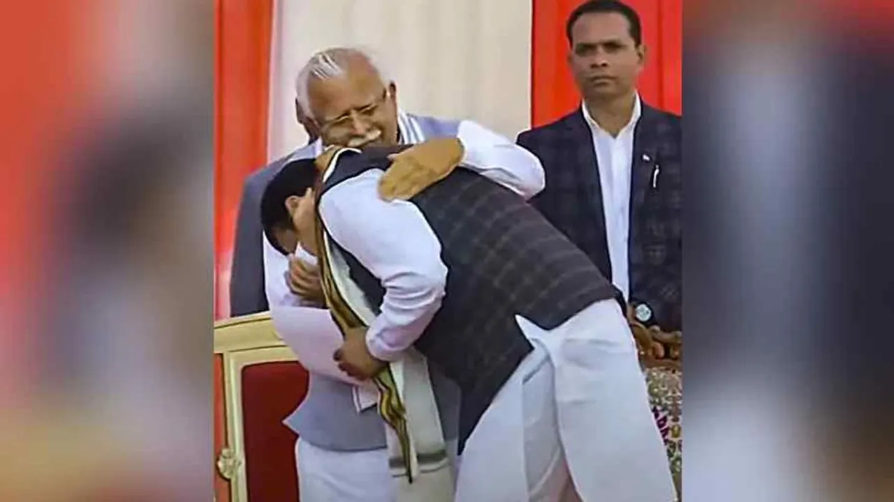 New Haryana Chief Minister Nayab Singh Saini with former state chief minister Manohar Lal Khattar during his oath-taking ceremony