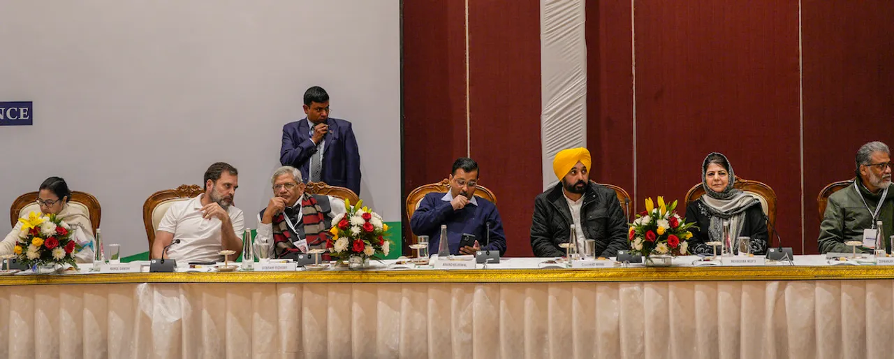 (L-R) West Bengal Chief Minister and TMC chief Mamata Banerjee, Congress leader Rahul Gandhi, CPI(M) leader Sitaram Yechury, Delhi Chief Minister and AAP chief Arvind Kejriwal, Punjab Chief Minister Bhagwant Mann, PDP chief Mehbooba Mufti and others during the Indian National Developmental Inclusive Alliance’s (INDIA) meeting, in New Delhi, Tuesday, Dec. 19, 2023.