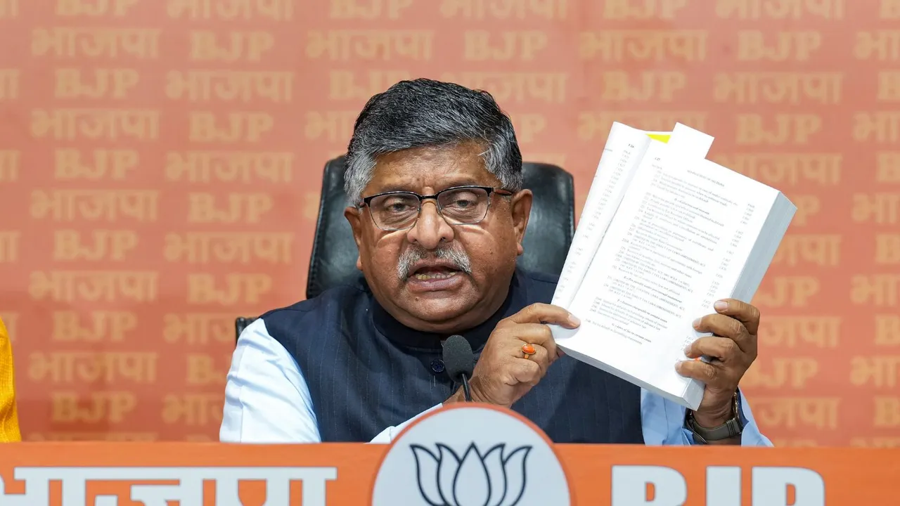 BJP leader Ravi Shankar Prasad addresses a press conference at party headquarters, in New Delhi