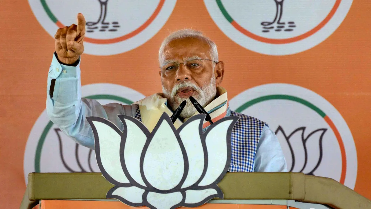 Prime Minister Narendra Modi addresses an election rally in Bihar's Nawada district