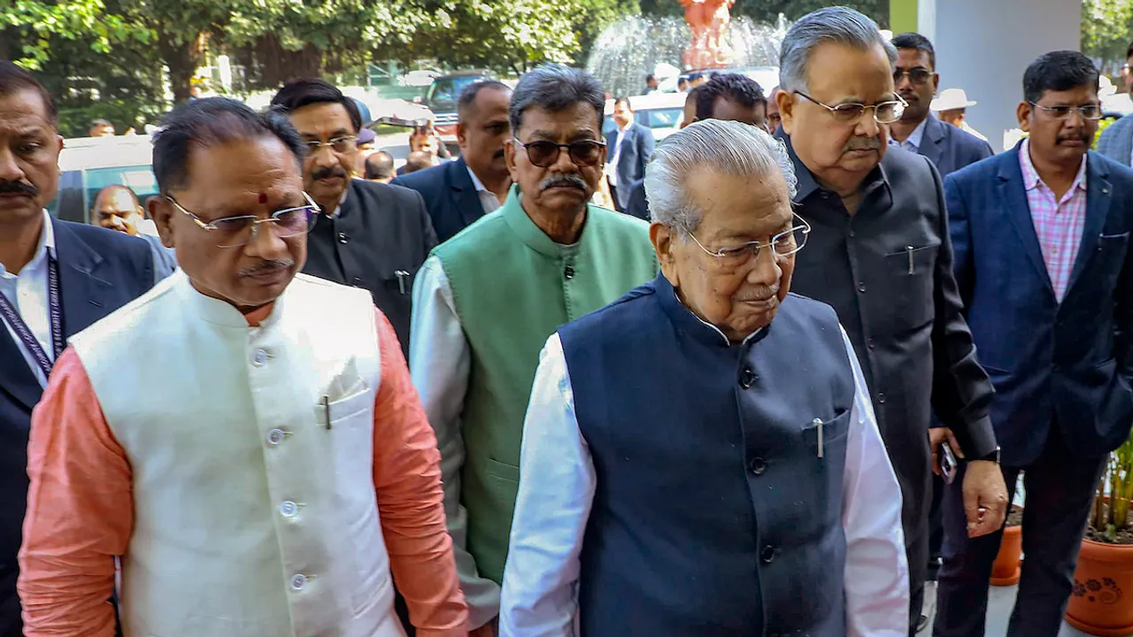 Chhattisgarh Governor Biswabhusan Harichandan with Chief Minister Vishnu Deo Sai during the Winter session of the State Assembly, in Raipur, Wednesday, Dec. 20, 2023. 