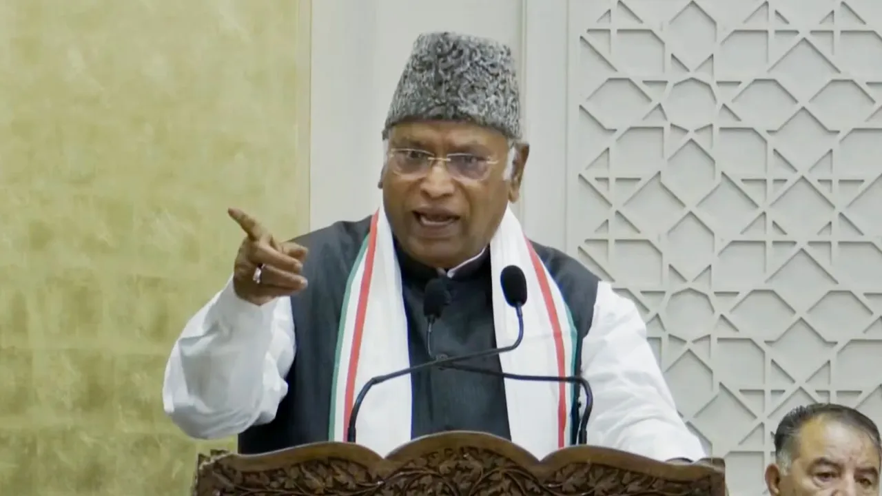 Congress President Mallikarjun Kharge speaks during the party workers' meeting, in Srinagar, Thursday, Aug. 22, 2024.