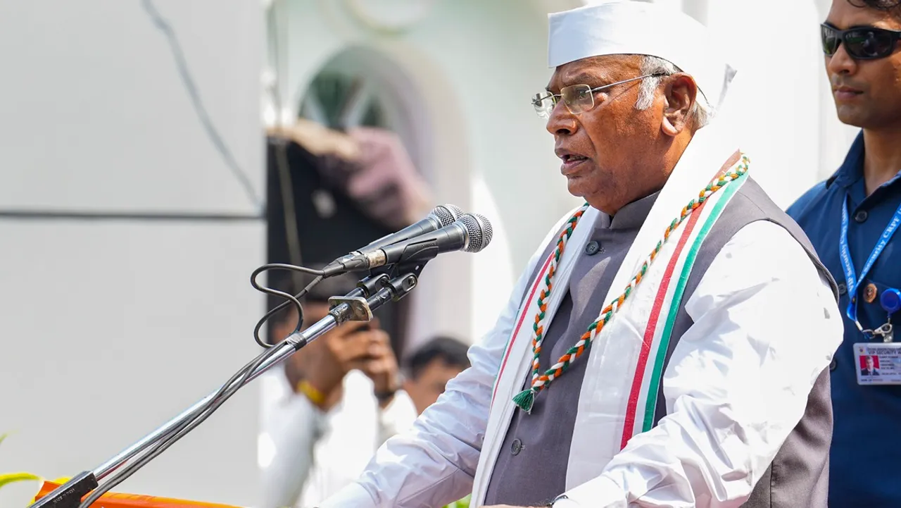 Congress President Mallikarjun Kharge hoists the national flag at party headquarters on the 78th Independence Day, in New Delhi, Thursday, Aug. 15
