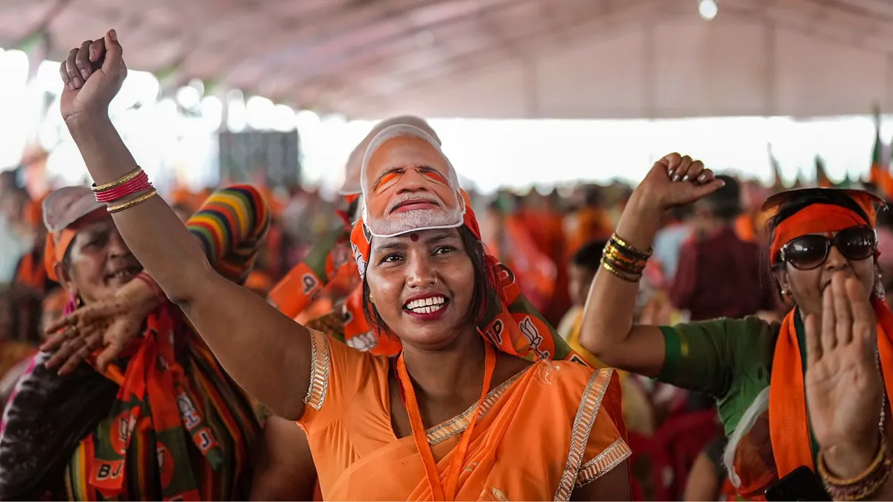 BJP supporters gather for Prime Minister Narendra Modi's election campaign rally ahead of Lok Sabha polls, in Meerut, Sunday, March 31, 2024