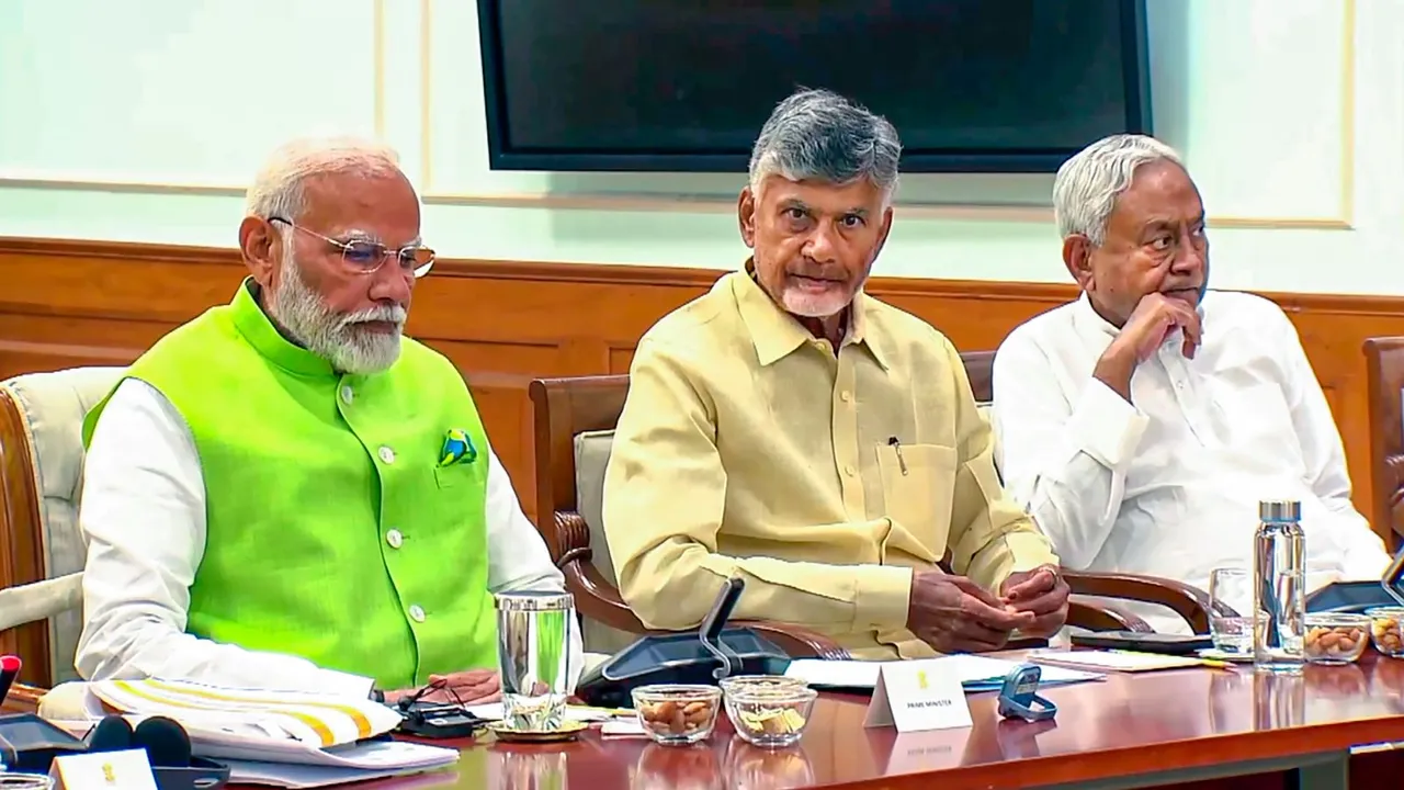 Prime Minister Narendra Modi with key allies TDP chief N Chandrababu Naidu and JD(U) chief Nitish Kumar during National Democratic Alliance (NDA) meeting at 7, Lok Kalyan Marg, in New Delhi, Wednesday, June 5, 2024