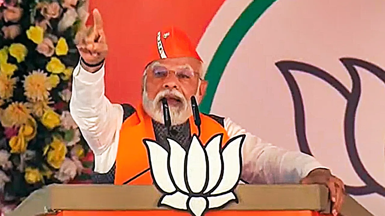 Prime Minister Narendra Modi addresses during a public meeting ahead of Madhya Pradesh Assembly elections, in Damoh district
