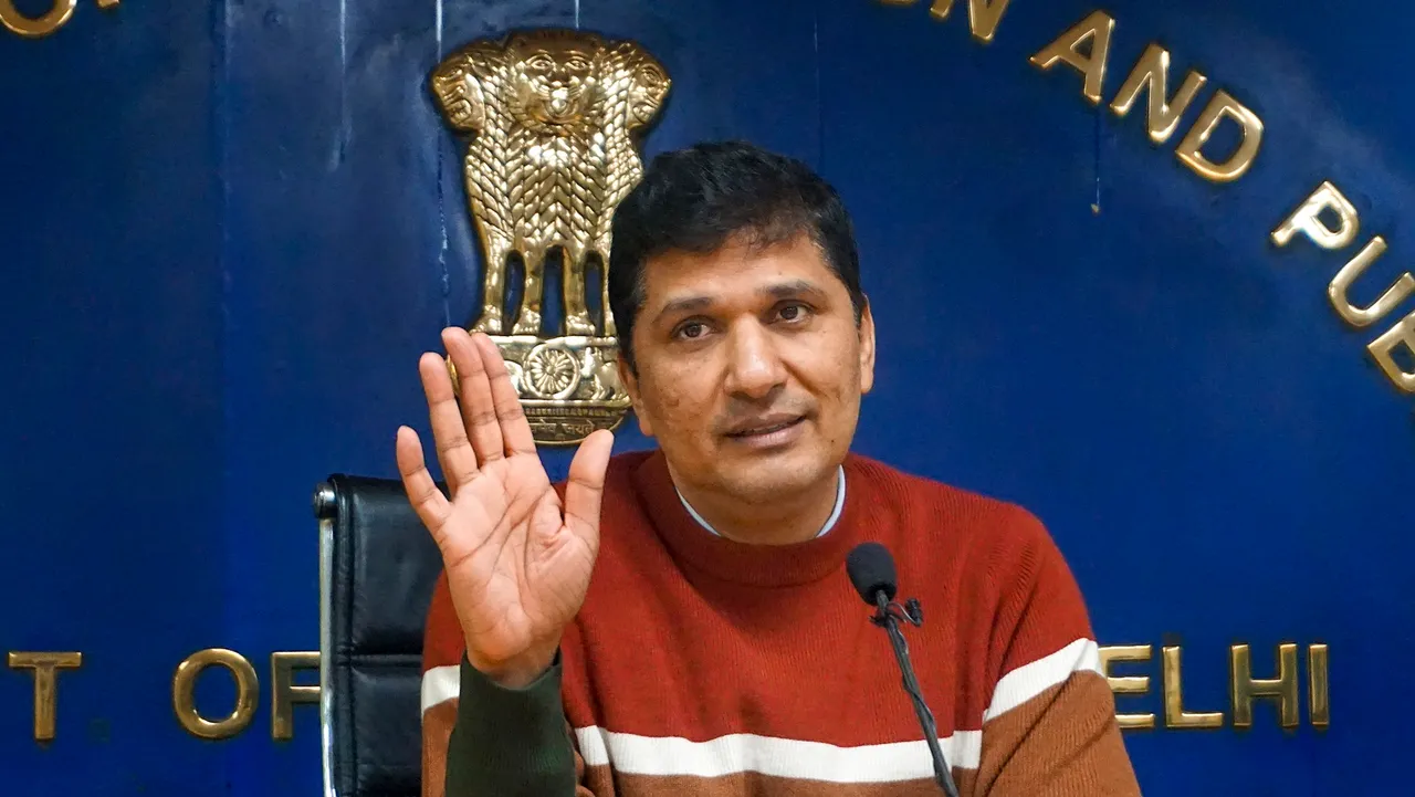 Delhi Health Minister Saurabh Bharadwaj addresses a press conference, in New Delhi