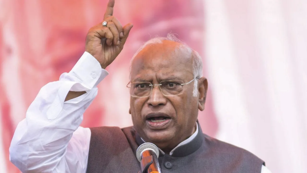 Congress President Mallikarjun Kharge speaks during a public meeting for J&K Assembly elections, at Jasrota, in Kathua district, Jammu & Kashmir, Sunday, Sept. 29, 2024