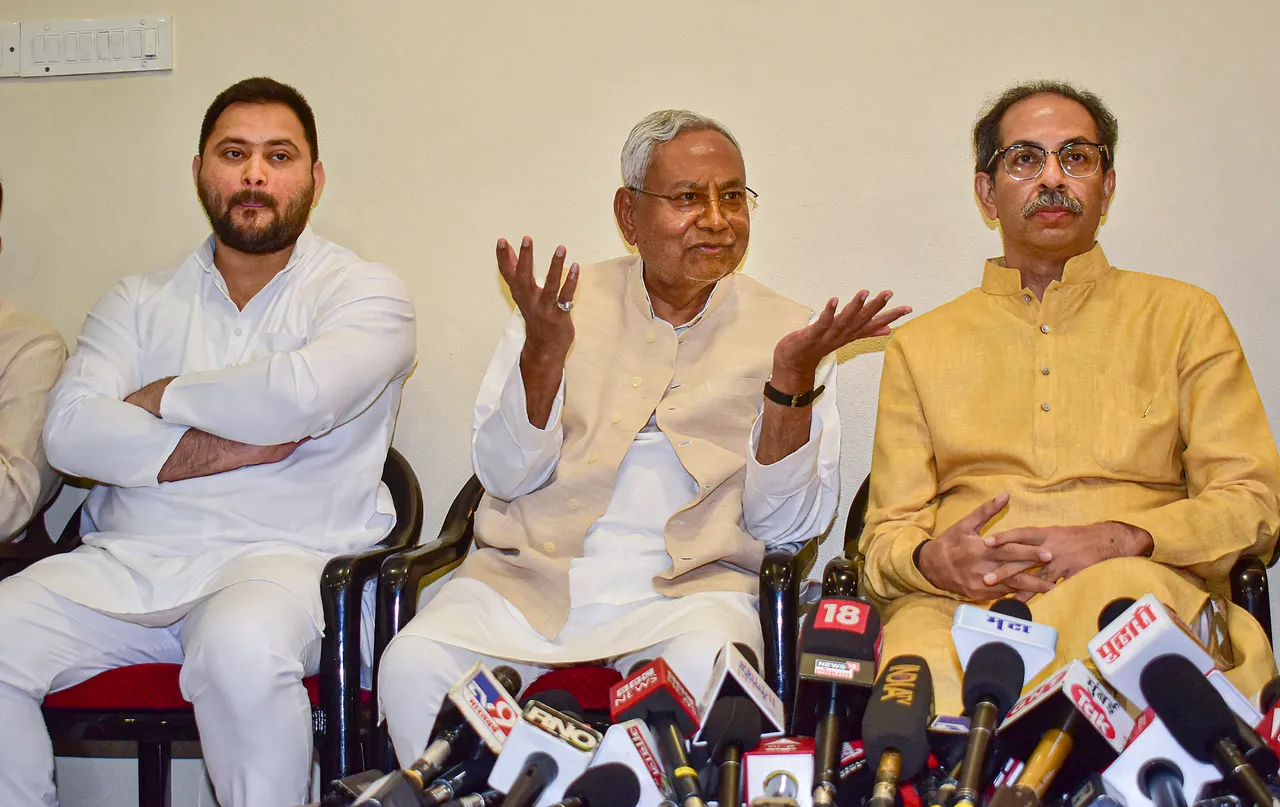Bihar Chief Minister Nitish Kumar, Dy CM Tejashvi Yadav and Shiv Sena (UBT) chief Uddhav Thackeray during a press conference after a meeting at Matoshree