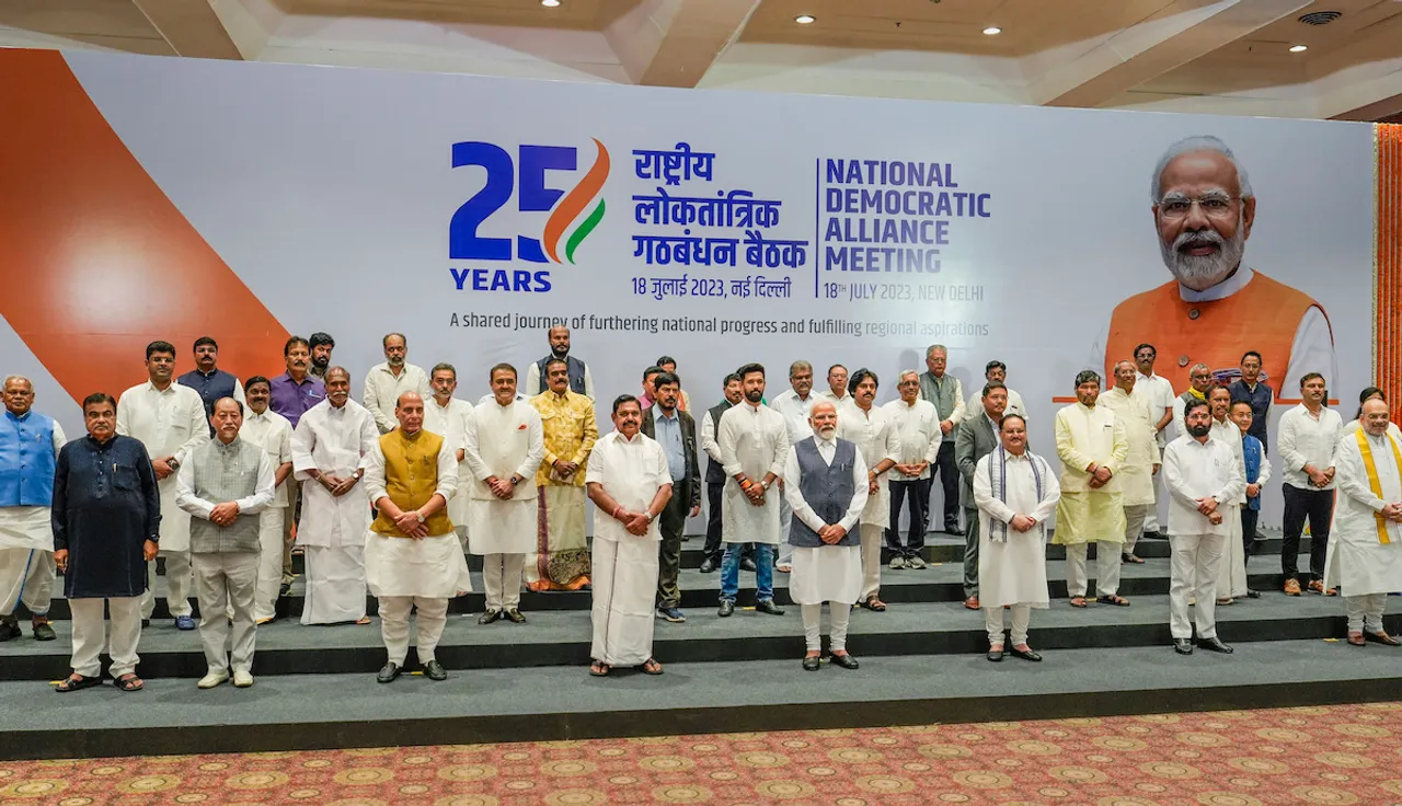 A group photo of NDA leaders at a meeting held on Tuesday, July 18, in New Delhi