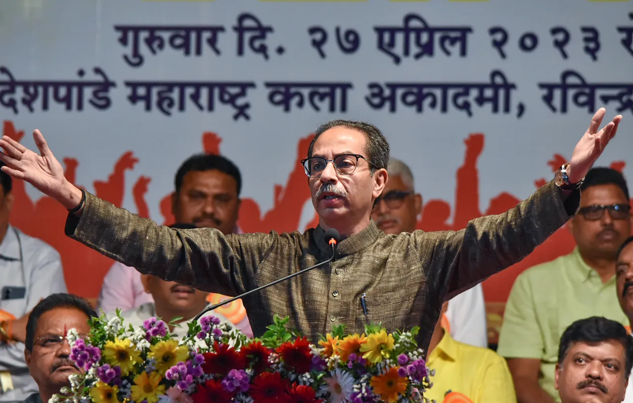 Former Maharashtra chief minister Uddhav Thackeray speaks during Bhartiya Kamgar Sena's 55th Annual General Meeting, in Mumbai