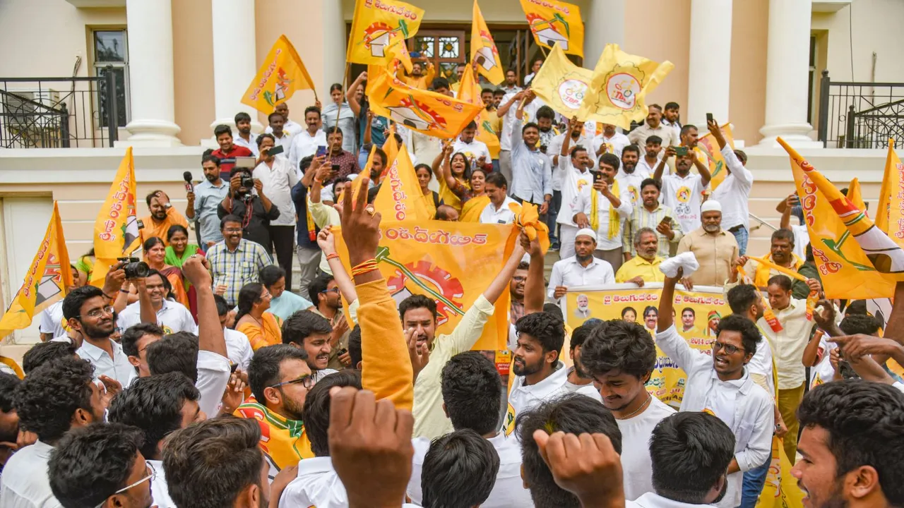 TDP supporters celebrate the party's lead in the Andhra Pradesh Assembly polls and Lok Sabha polls, in Hyderabad, Tuesday, June 4, 2024