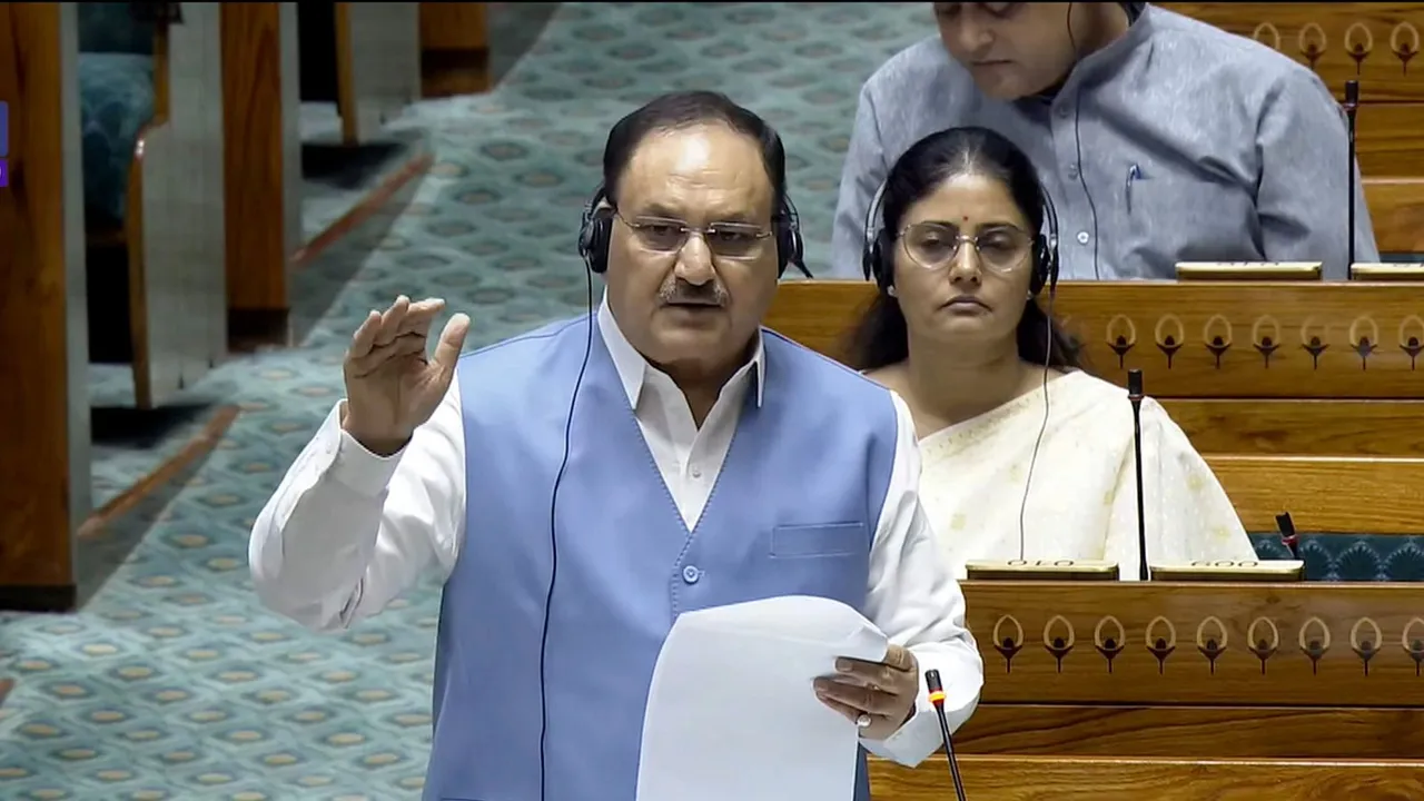 Union Minister JP Nadda speaks in the Lok Sabha during the Monsoon session of Parliament, in New Delhi, Friday, Aug. 2, 2024.