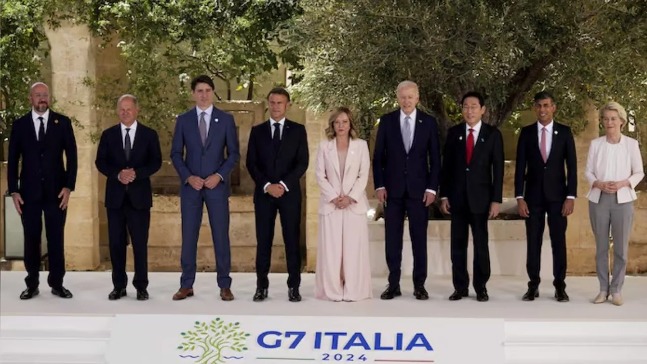 European Council President Charles Michel, German Chancellor Olaf Scholz, Canada's Prime Minister Justin Trudeau, French President Emmanuel Macron, Italian Premier Giorgia Meloni, U.S. President Joe Biden, Japan's Prime Minister Fumio Kish