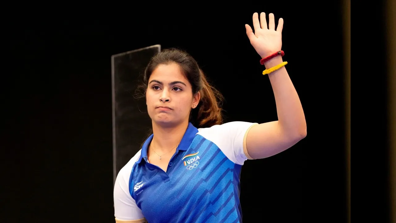 India's Manu Bhaker after finishing fourth in the 25m Pistol Women's Final event during the 2024 Summer Olympics, in Chateauroux, France, Saturday, Aug. 3, 2024.