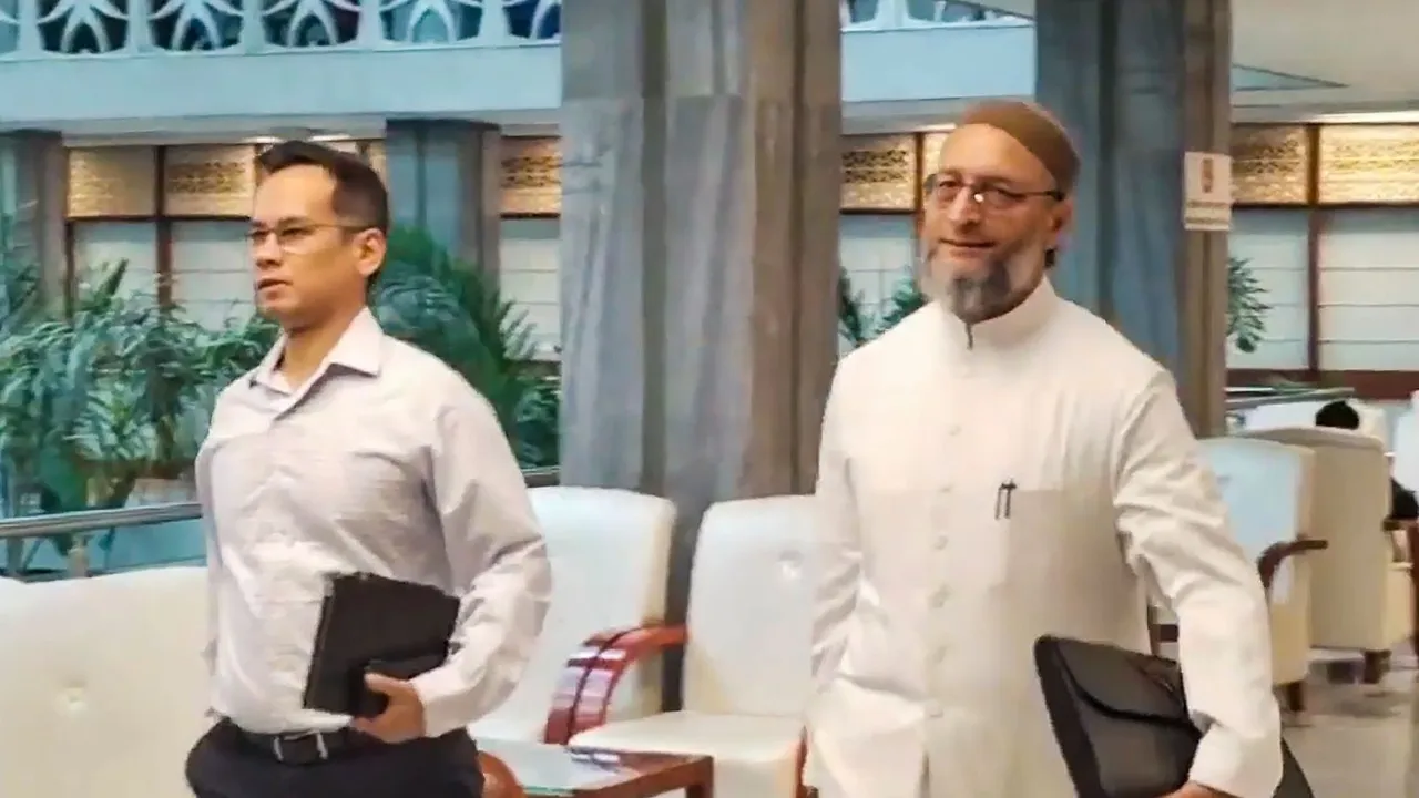 AIMIM MP Asaduddin Owaisi with Congress MP Gaurav Gogoi arrives for a Joint Parliamentary Committee meeting on the Waqf (Amendment) Bill 2024, in New Delhi, Monday, Oct. 14, 2024.