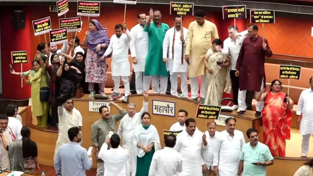 BJP Councillors protest inside the MCD House over the death of three civil services aspirants due to drowning at a coaching centre in Old Rajendra Nagar area, in New Delhi, Monday, July 29, 2024.