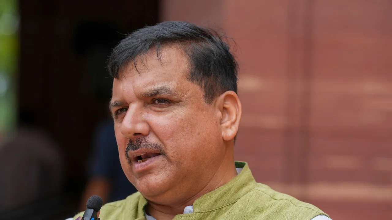 AAP Rajya Sabha MP Sanjay Singh speaks to the media during the Monsoon session of Parliament, in New Delhi, Wednesday, July 31, 2024.