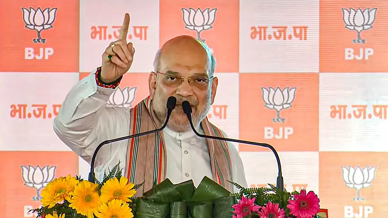 Home Minister Amit Shah addresses a public meeting ahead of Haryana Assembly elections, in Rewari, Haryana, Friday, Sept 27, 2024.