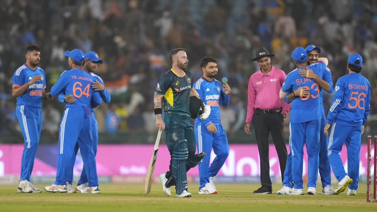  Indian players celebrate after winning the fourth T20I match against Australia, at Shaheed Veer Narayan Singh International Cricket Stadium, in Raipur, Friday, Dec. 1, 2023.