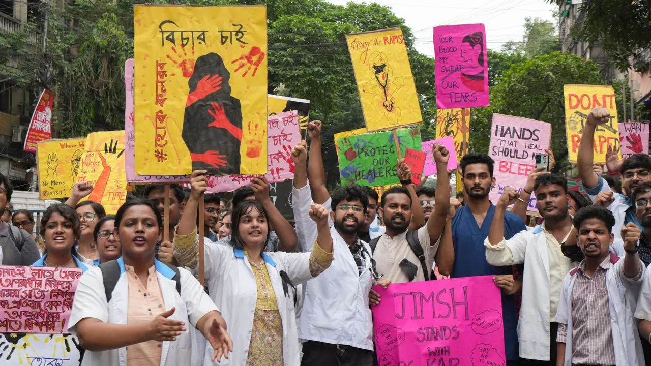 Junior doctors, trainee doctors and medical students protest against the sexual assault and killing of a post-graduate trainee doctor at RG Kar Medical College, in Kolkata, Monday, Aug. 12, 2024.