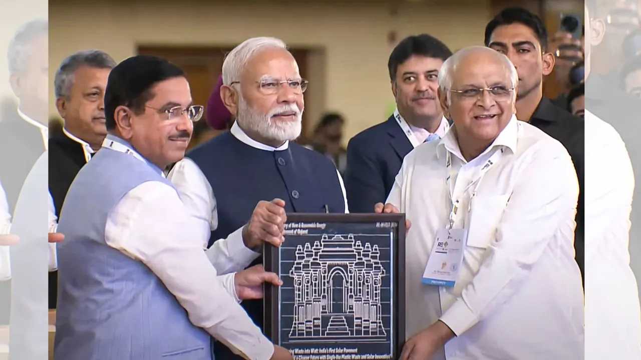 Prime Minister Narendra Modi with Union Minister of New & Renewable Energy Pralhad Joshi and Gujarat Chief Minister Bhupendra Patel, in Gandhinagar, Monday, Sept. 16, 2024.