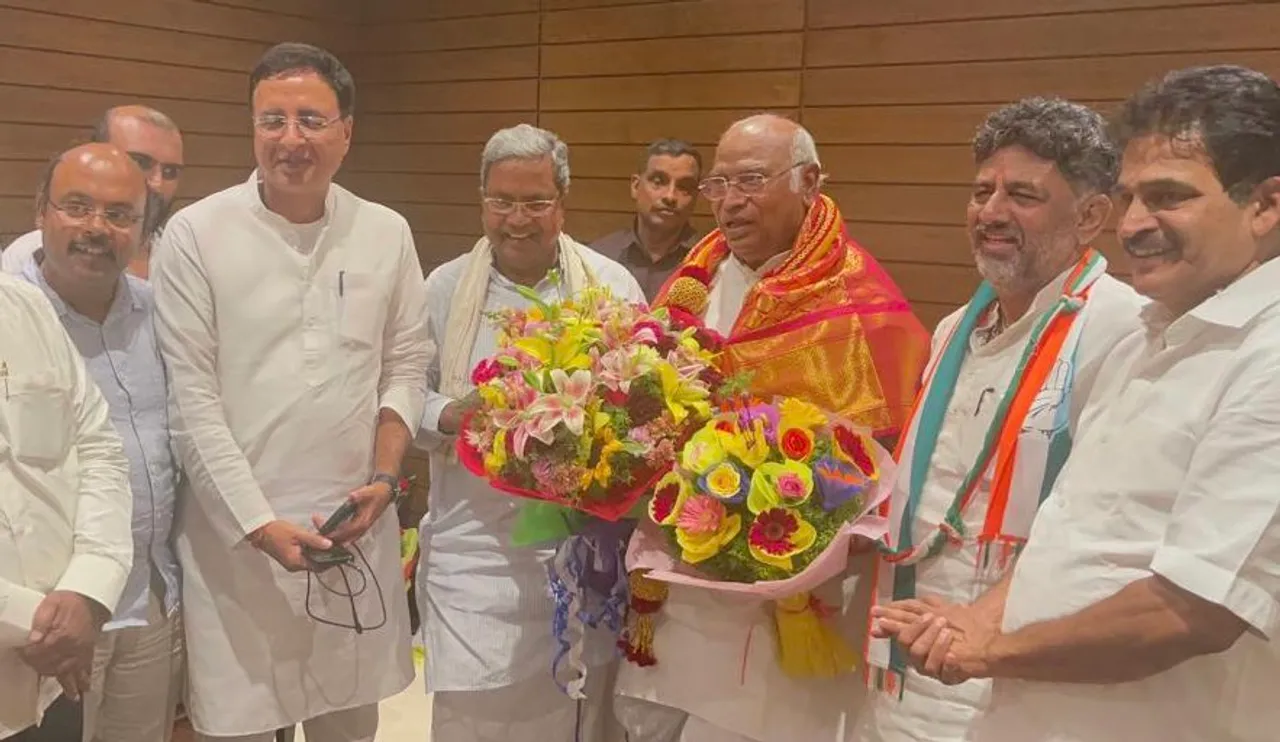 Mallikarjun Kharge along with Karnataka Congress leaders Siddaramaiah and DK Shivakumar