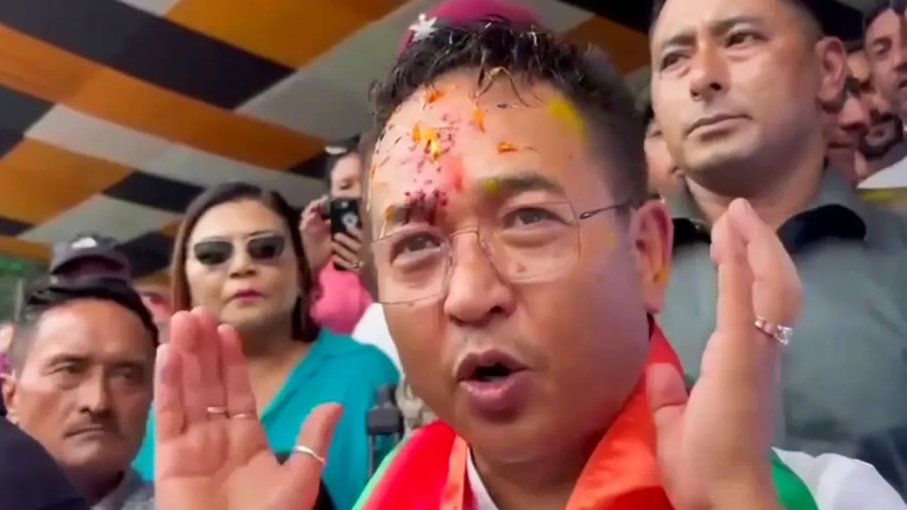 Sikkim Chief Minister and Sikkim Krantikari Morcha (SKM) chief Prem Singh Tamang addresses supporters during celebrations after party's victory in the State Assembly elections, in Gangtok, Sunday, June 2, 2024