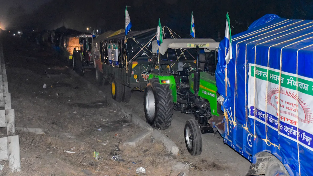 Farmers' tractos and trolleys parked ahead of their scheduled march towards Delhi, in Fatehgarh Sahib, Monday, Feb. 12, 2024.