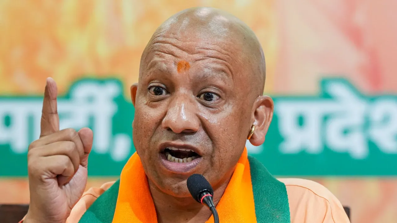 Uttar Pradesh Chief Minister Yogi Adityanath addresses a press conference at BJP headquarters, in Lucknow, Wednesday, April 24, 2024