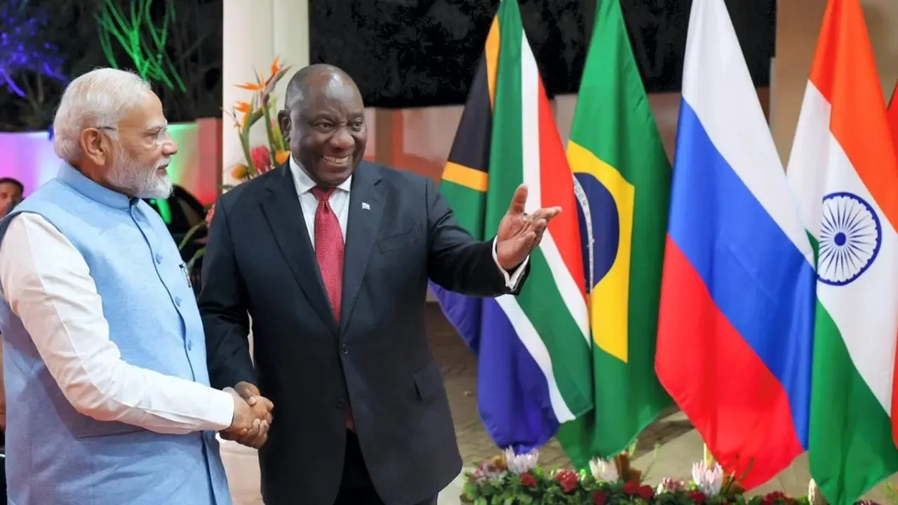 Prime Minister Narendra Modi in a meeting with South African President Cyril Ramaphosa on the sidelines of the BRICS Summit, in Johannesburg