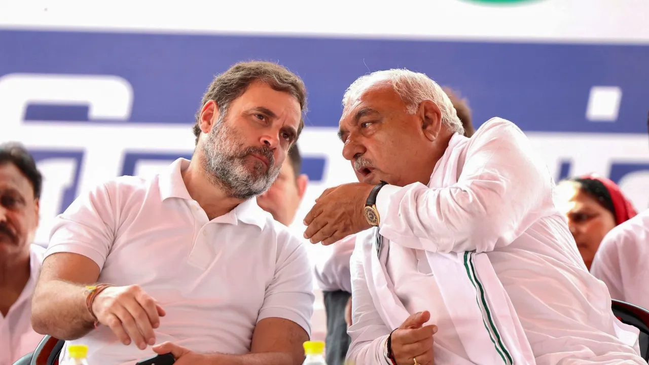 LoP in Lok Sabha and Congress MP Rahul Gandhi with party candidate Bhupinder Singh Hooda during a public meeting ahead of the Haryana Assembly elections, at Barwala in Hisar district of Haryana, Thursday, Sept. 26, 2024.