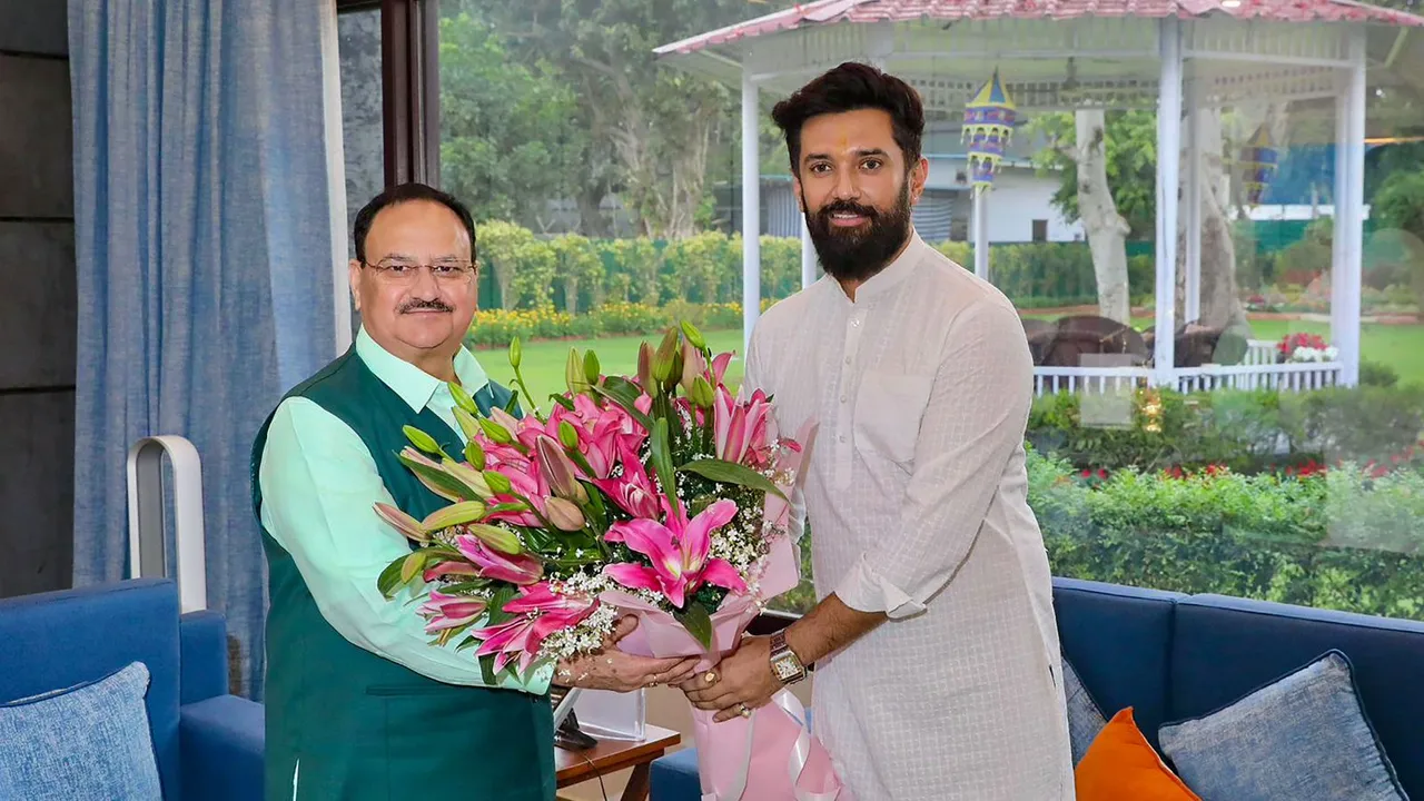 BJP National President being felicitated by Lok Janshakti Party (LJP) National President Chirag Paswan during a meeting