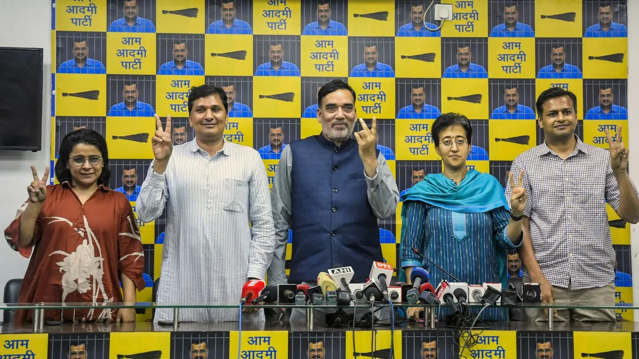 AAP leaders addressing a press conference in New Delhi in the issue of Arvind Kejriwal's interim bail