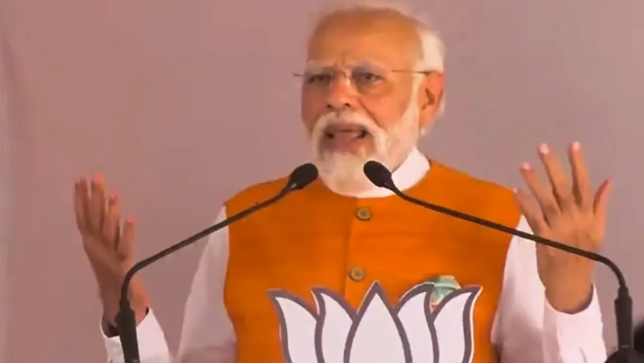 Prime Minister Narendra Modi speaks during a public meeting ahead of the Karnataka Assembly elections in Ballari on May 5