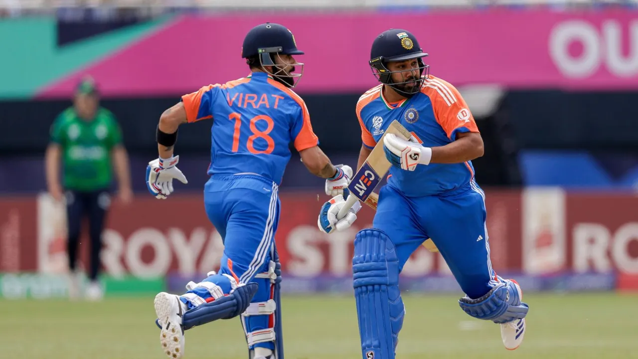 India's captain Rohit Sharma, right, and partner Virat Kohli run between wickets to score against Ireland during an ICC Men's T20 World Cup cricket match at the Nassau County International Cricket Stadium in Westbury, New York, Wednesday, June 5, 2024.
