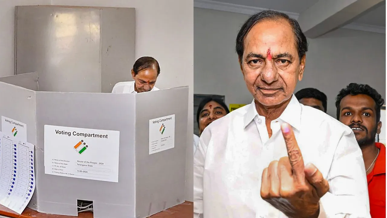 BRS leader K. Chandrashekar Rao shows his finger marked with indelible ink after casting his vote for the fourth phase of Lok Sabha elections, in Siddipet district, Telangana