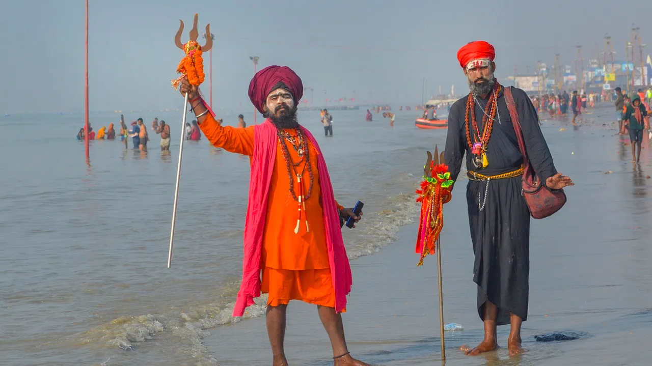 Sadhus visit the Sagar Island ahead of the Gangasagar Mela, in South 24 Parganas district