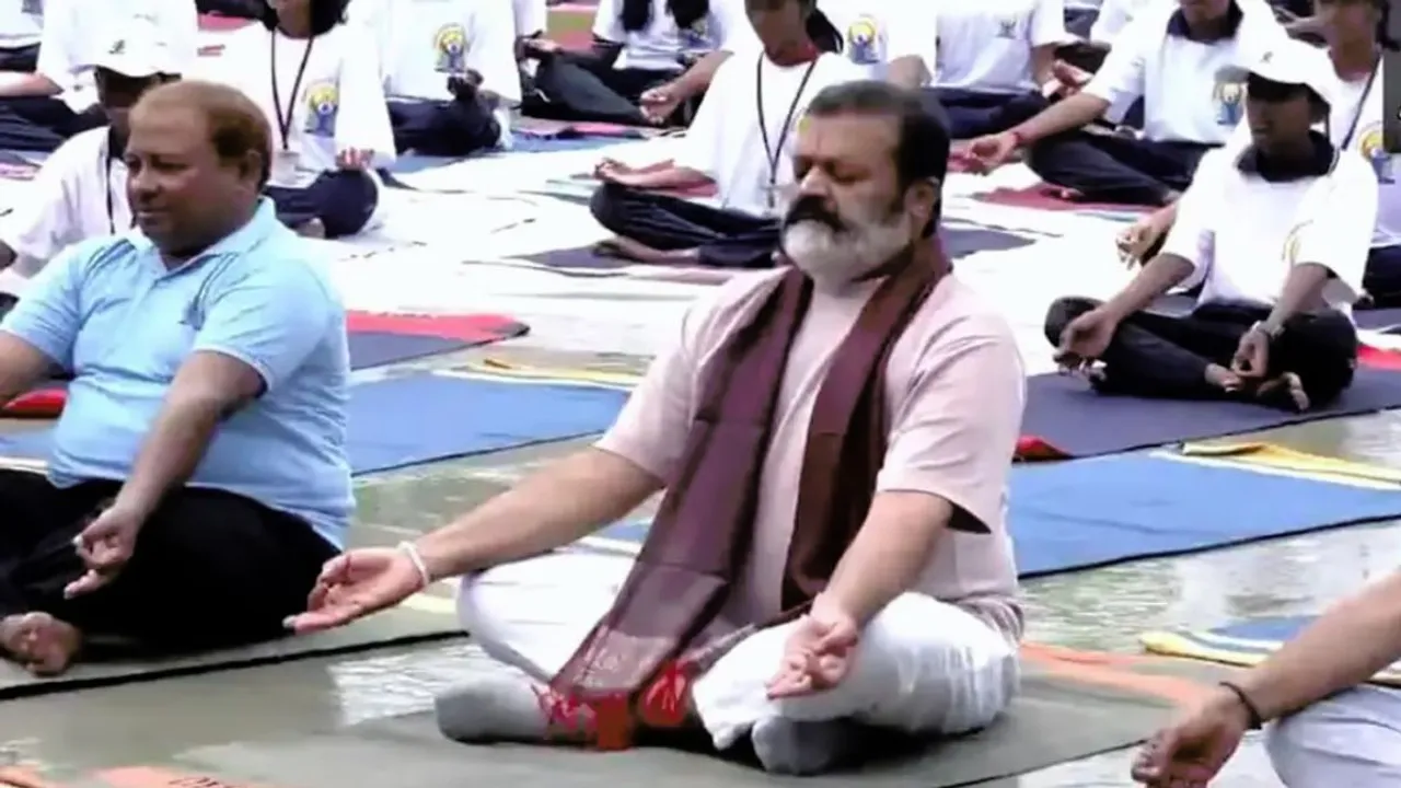 Union Minister of State Suresh Gopi during yoga day celebration at Kovalam Arts and Crafts Village.